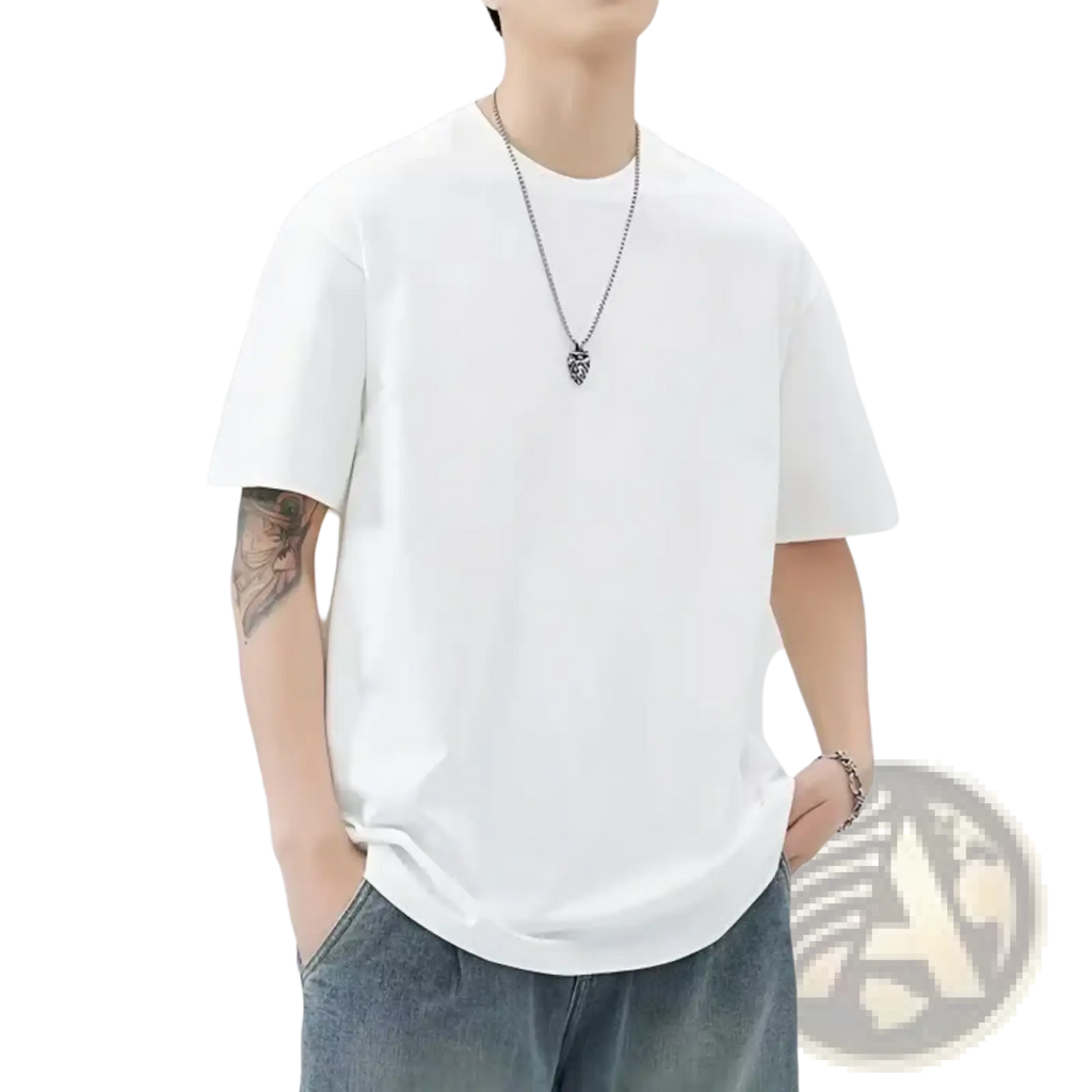 Men white oversized cotton t-shirt with a relaxed fit and round neckline made from soft cotton material