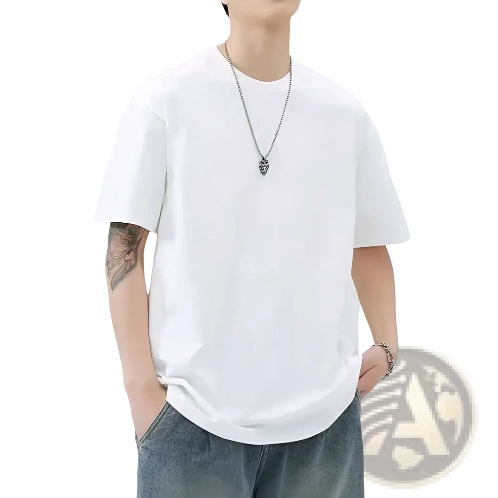 Men white oversized cotton t-shirt featuring a loose fit with a simple crew neck and short sleeves