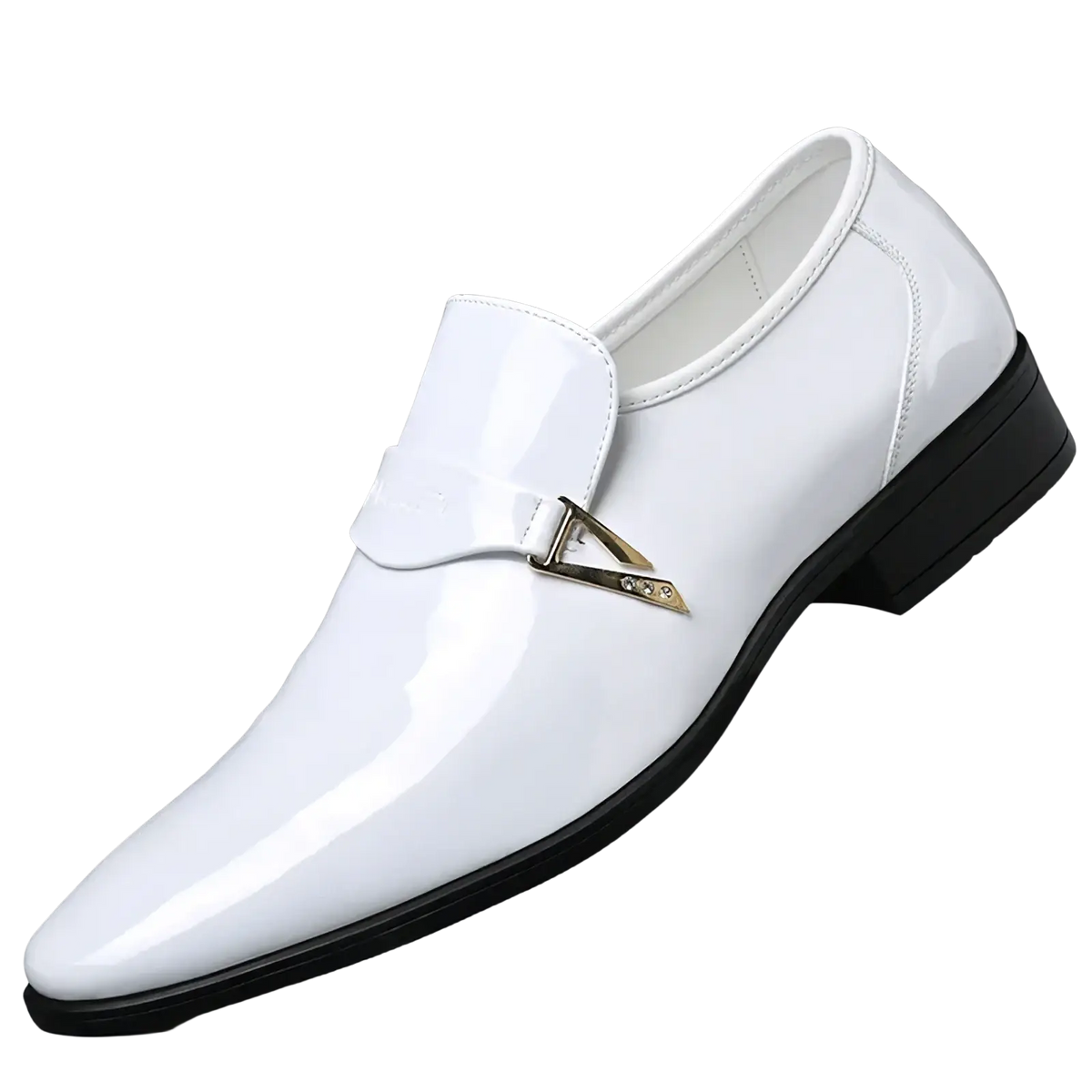 Men white patent leather slip-on loafers featuring a gold-tone triangular buckle and black rubber sole