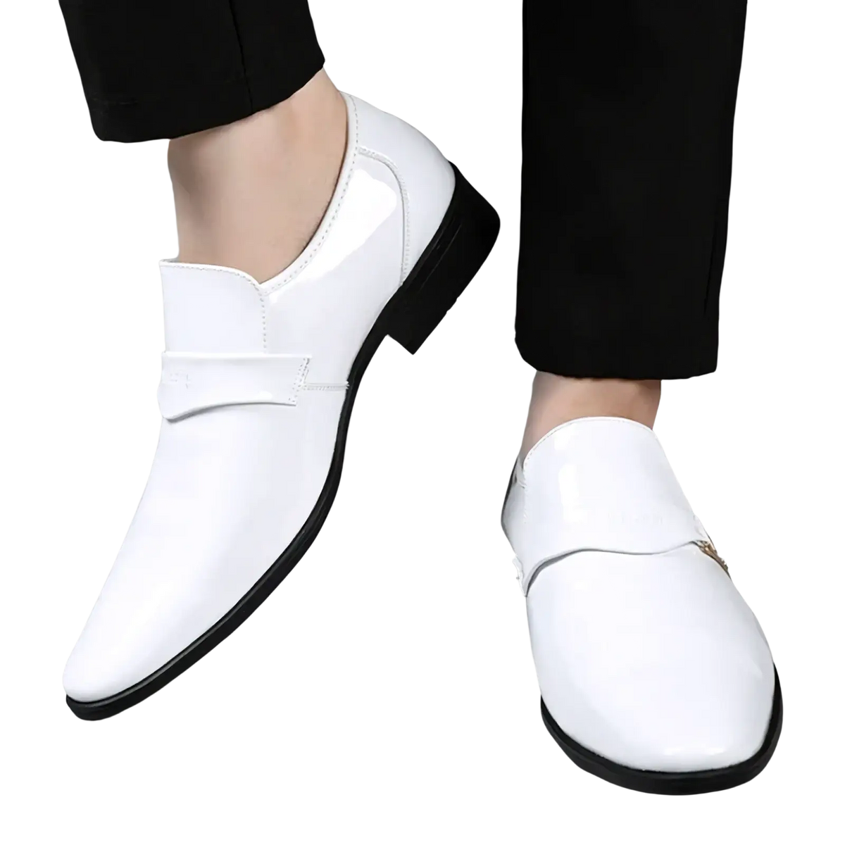 Men white patent leather slip-on loafers with black rubber sole and decorative strap across the vamp