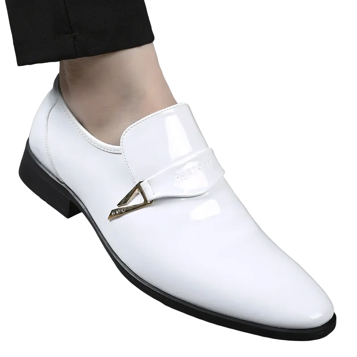 Men white patent leather slip-on loafers with black sole and gold-toned triangular buckle
