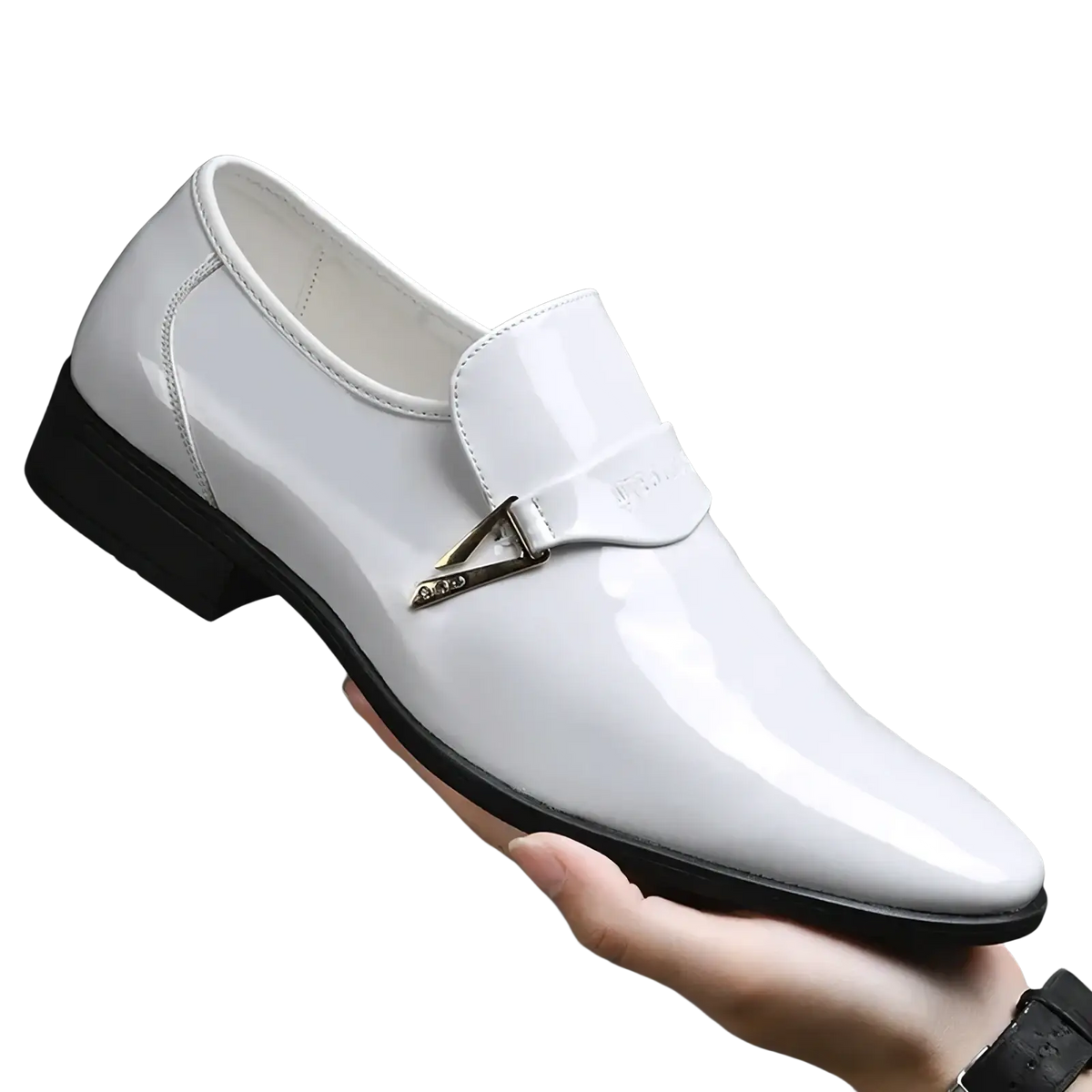 Men white patent leather slip-on loafers with black sole and silver triangular buckle detail