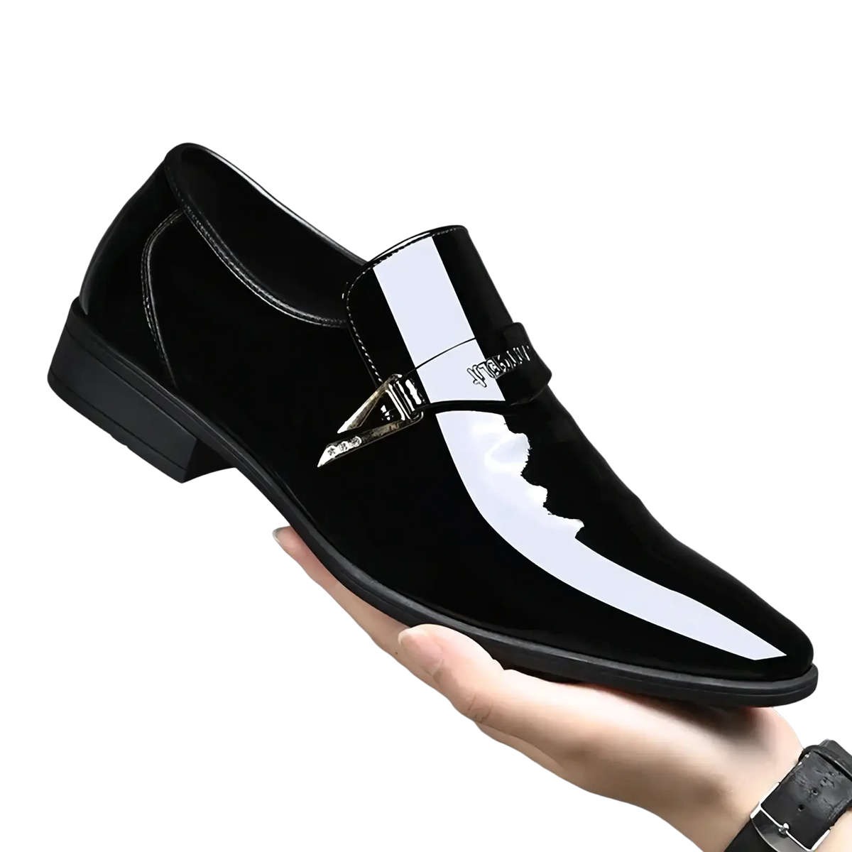 Men white patent leather slip-on loafers featuring black accents and a silver-toned buckle detail