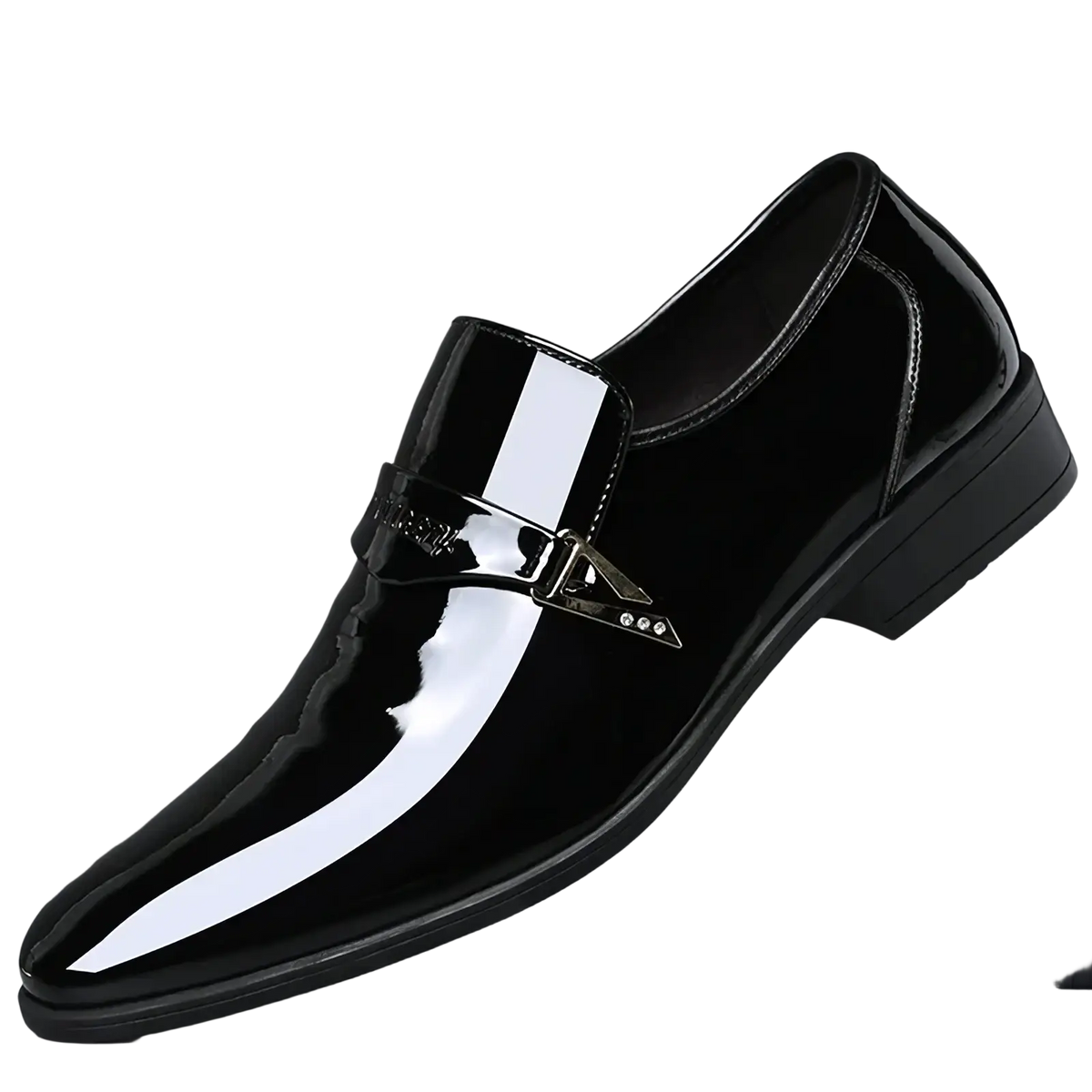 Men white patent leather slip-on loafers with black glossy finish, white side stripe, and metallic buckle detail