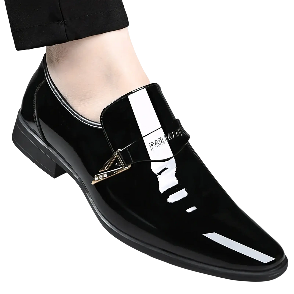 Men white patent leather slip-on loafers with black patent leather, white stripe accents, and a triangular metal buckle
