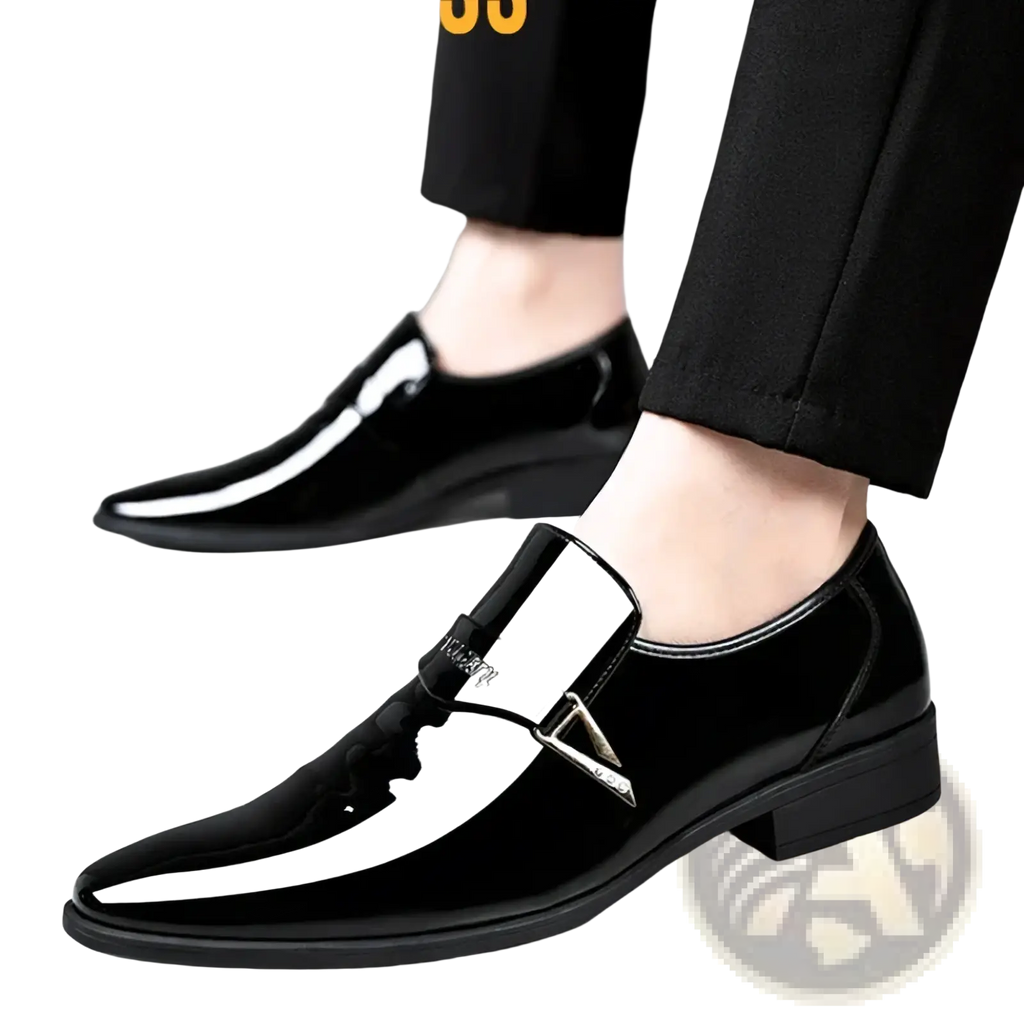Men white patent leather slip-on loafers with a glossy finish, white reflective toe stripe, and silver triangular buckle detail