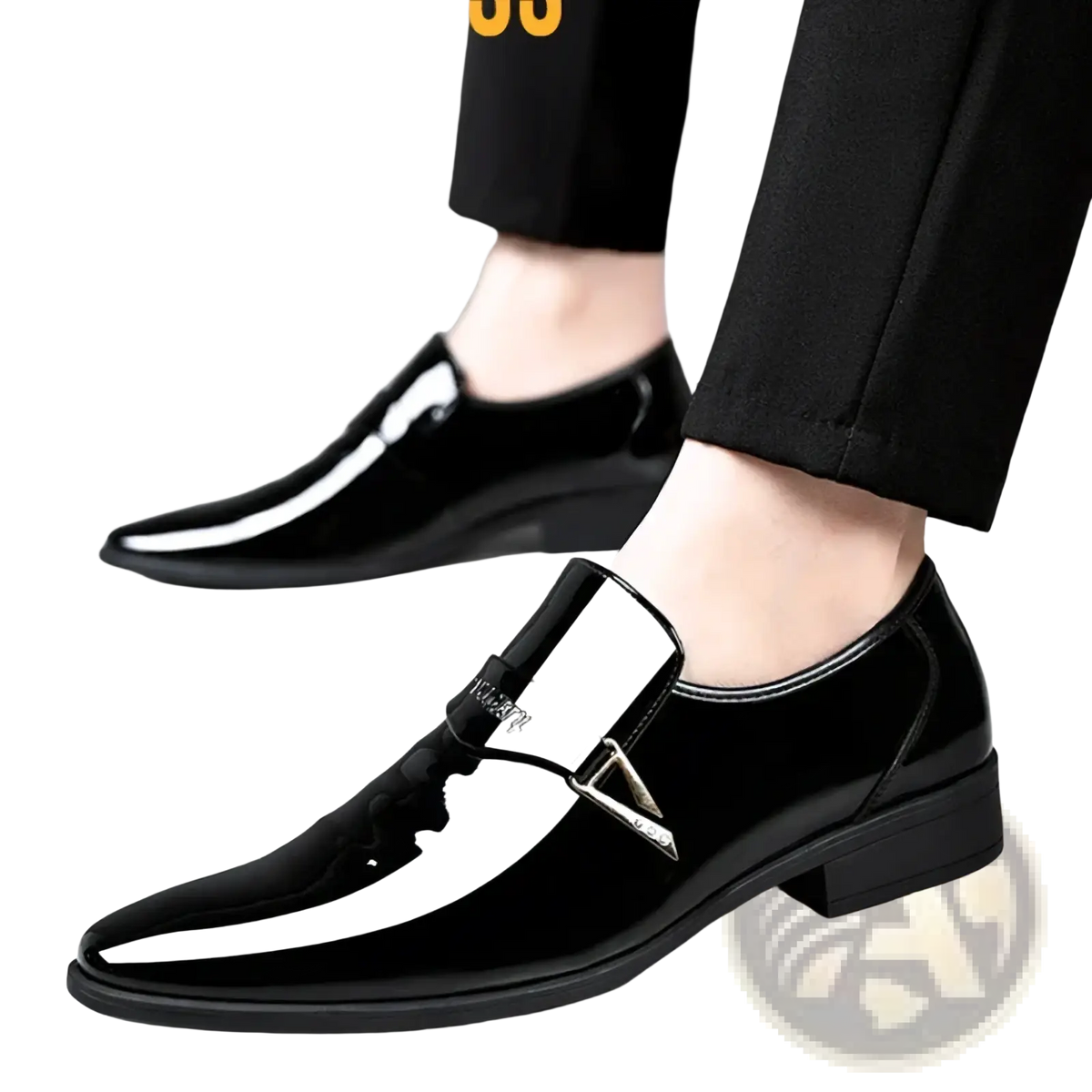 Men white patent leather slip-on loafers with a glossy finish, white reflective toe stripe, and silver triangular buckle detail