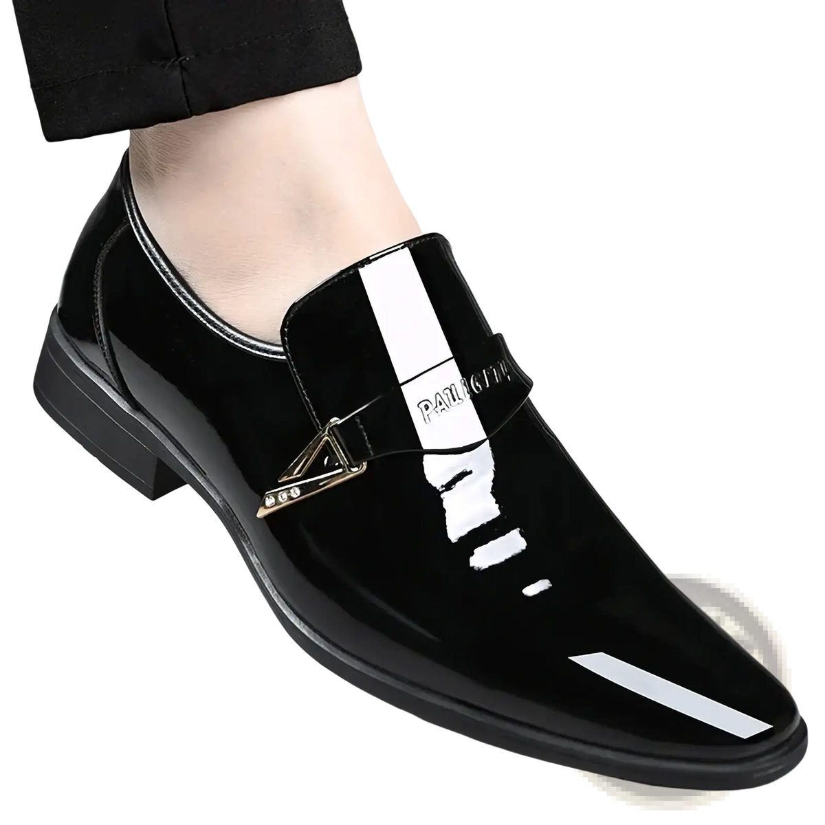 Men white patent leather slip-on loafers with black patent leather, white stripe accents, and a triangular metal buckle