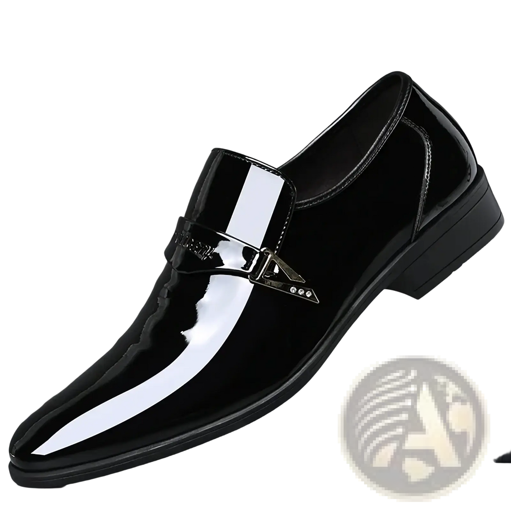 Men white patent leather slip-on loafers with black glossy finish, white side stripe, and metallic buckle detail