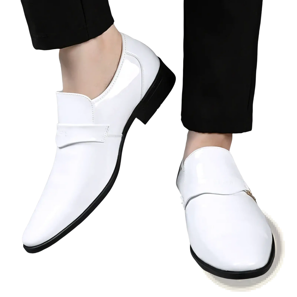 Men white patent leather slip-on loafers with black rubber sole and decorative strap across the vamp