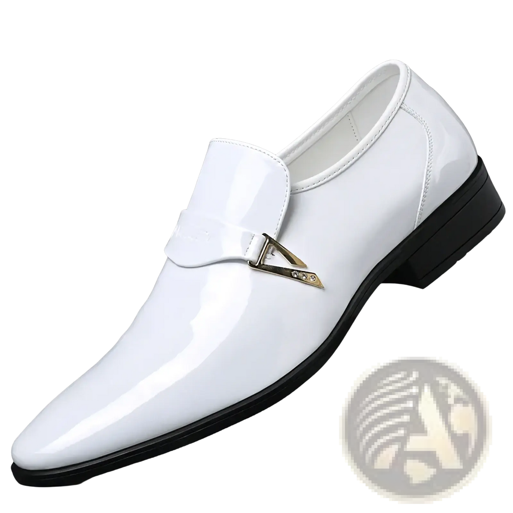 Men white patent leather slip-on loafers featuring a gold-tone triangular buckle and black rubber sole