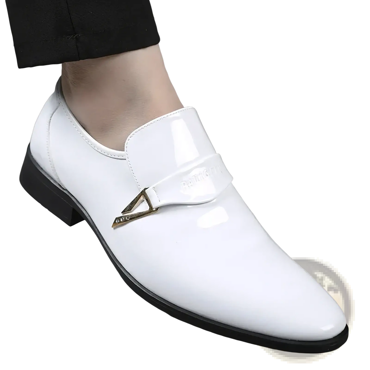 Men white patent leather slip-on loafers with black sole and gold-toned triangular buckle