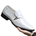 Men white patent leather slip-on loafers with black sole and silver triangular buckle detail
