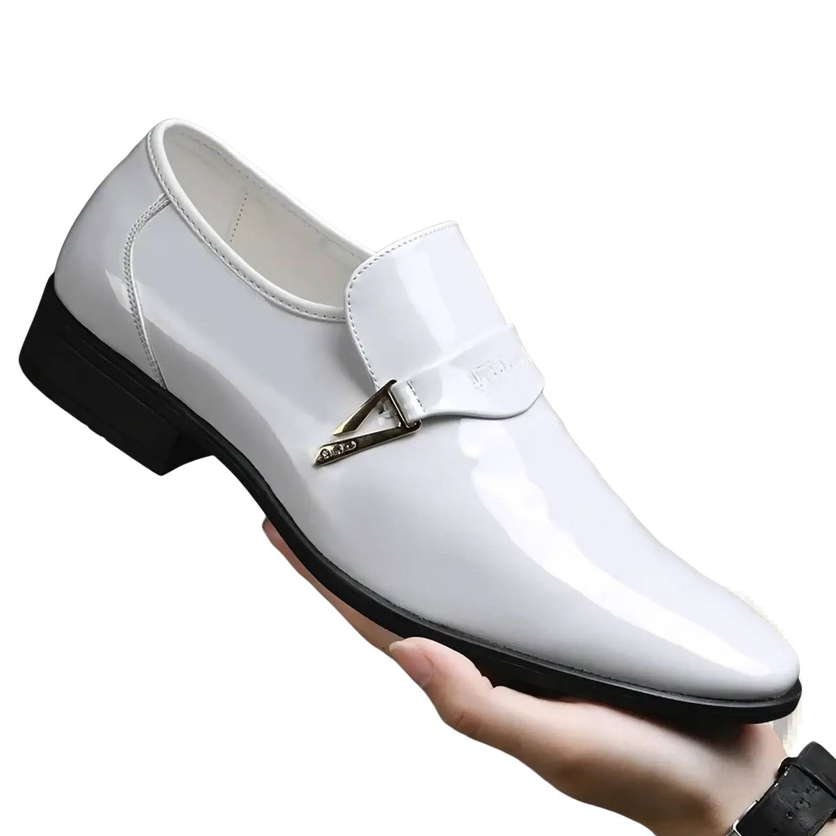 Men white patent leather slip-on loafers with black sole and silver triangular buckle detail