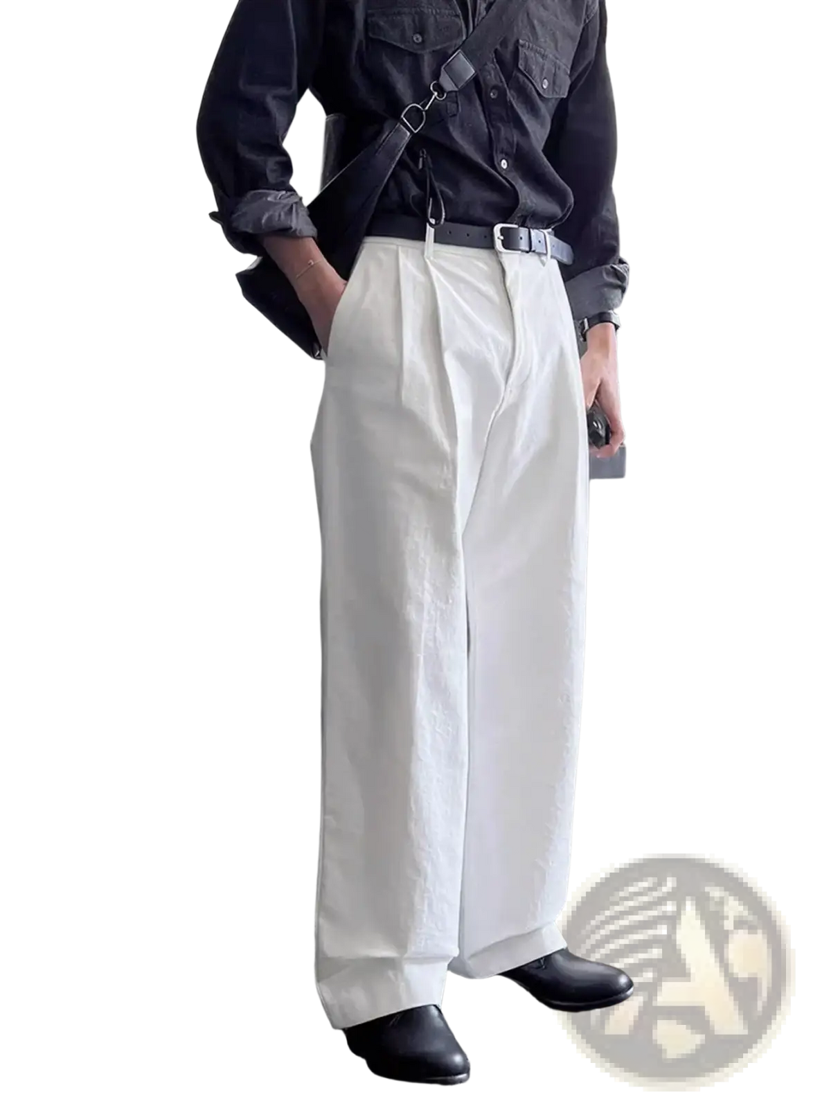 Men white pleated wide-leg suit pants featuring a clean minimalist design ideal for formal or professional wear