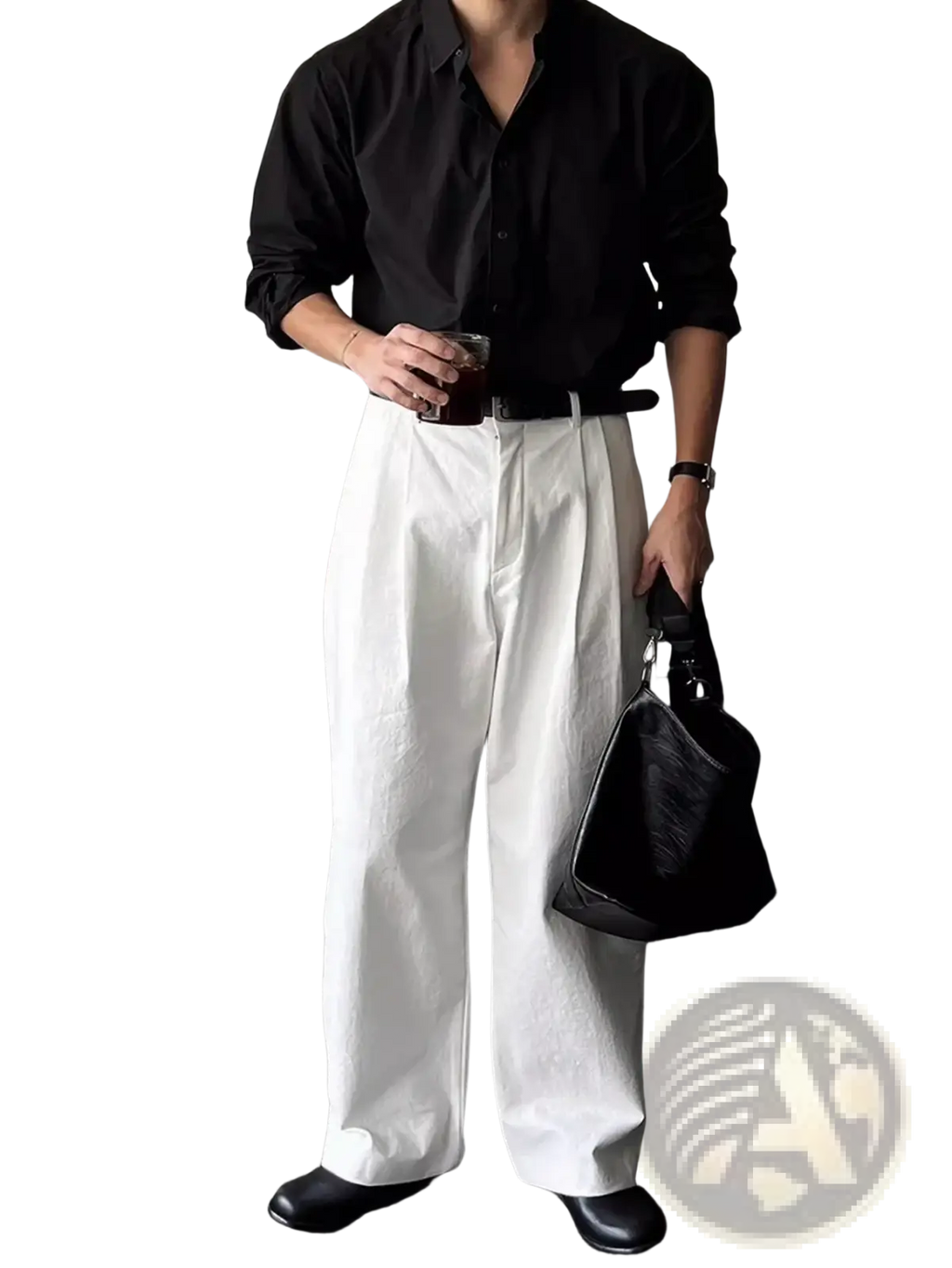 Men white pleated wide leg suit pants featuring relaxed pleats and clean straight-cut wide legs in cotton fabric