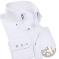 Men white slim fit long sleeve dress shirt featuring silver round button accents on collar and cuffs