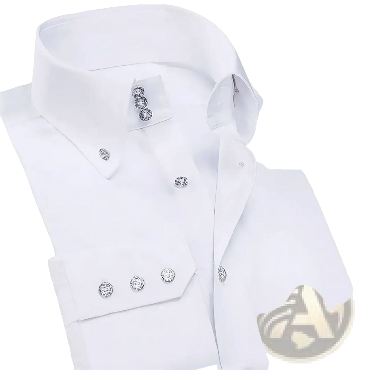 Men white slim fit long sleeve dress shirt featuring silver round button accents on collar and cuffs