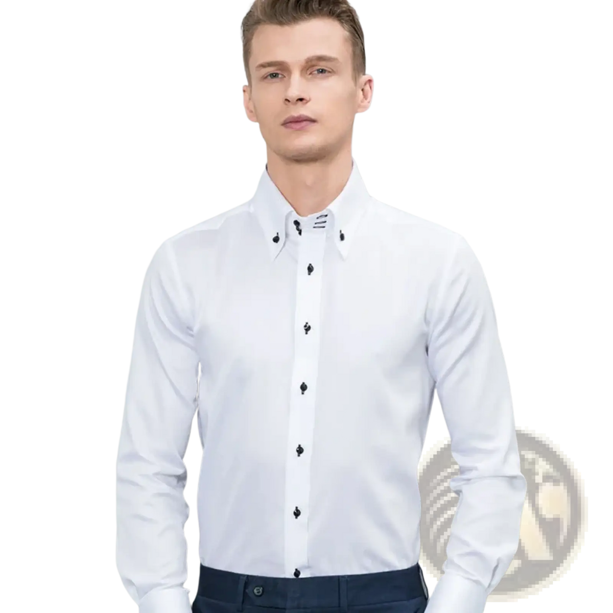 Men white slim fit long sleeve dress shirt with black decorative buttons and subtle collar detail