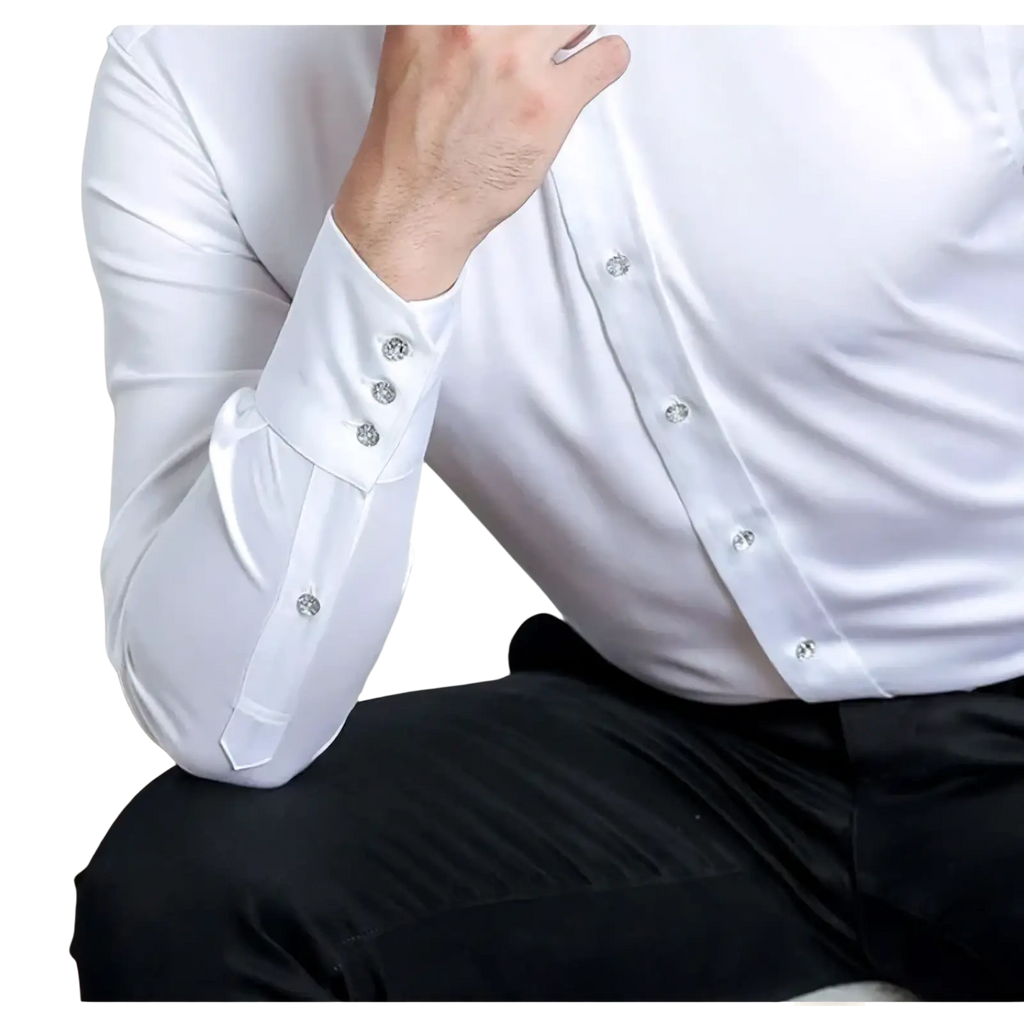 Men white slim fit long sleeve dress shirt featuring silver button accents for a sharp formal look