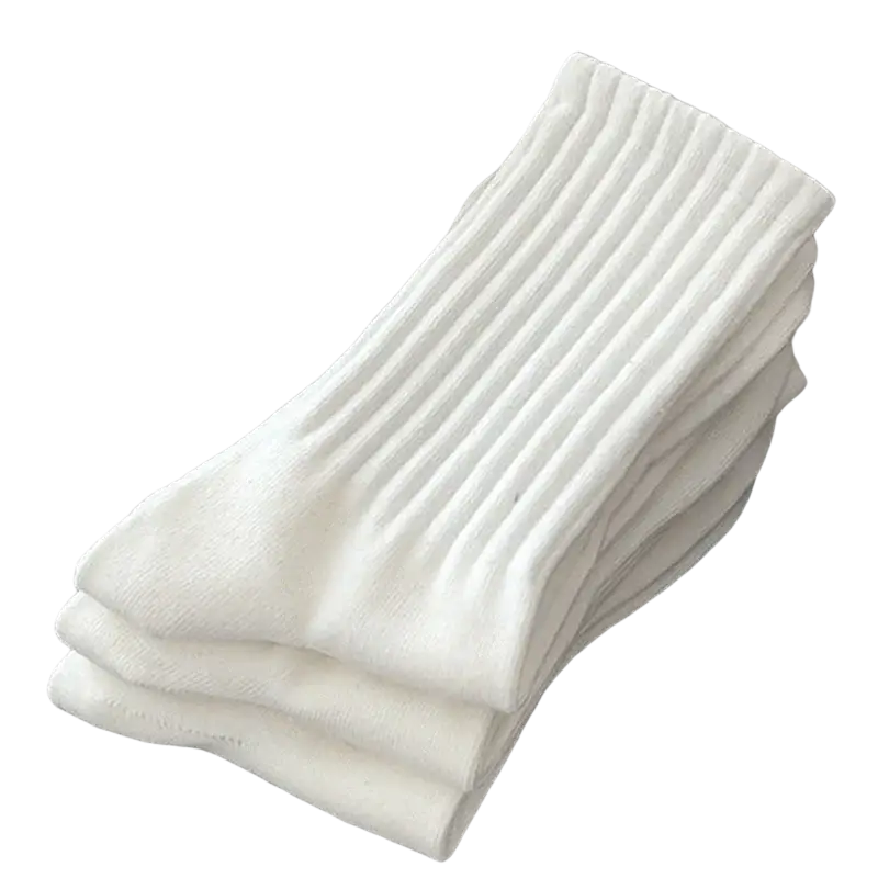 A stack of men white sports socks with ribbed knit texture and comfortable fit for active wear