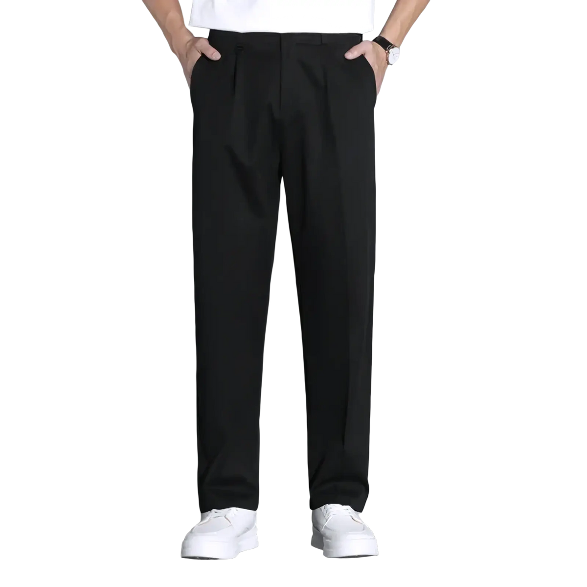 Black pleated men slim fit dress trousers with a sleek modern cut suitable for formal and business wear