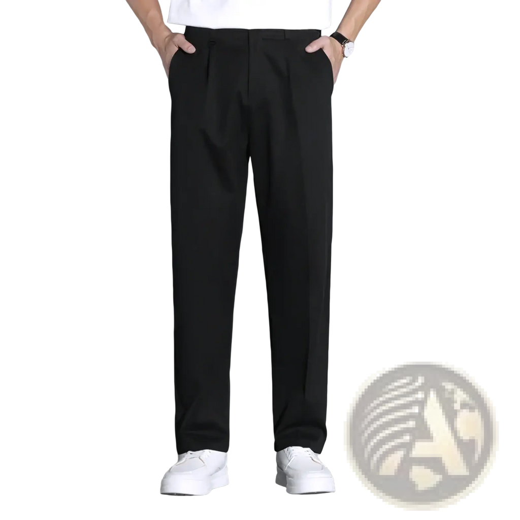 Black pleated men slim fit dress trousers with a sleek modern cut suitable for formal and business wear