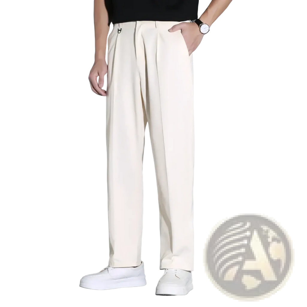 Men white suit pants slim fit dress trousers in cream color with straight-leg cut and subtle pleats at the waist