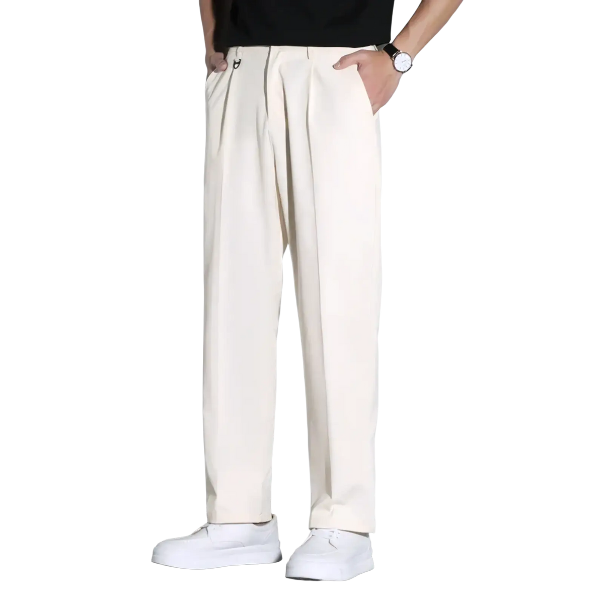 Men white suit pants slim fit dress trousers in cream color with a modern cut and subtle pleats at the waist