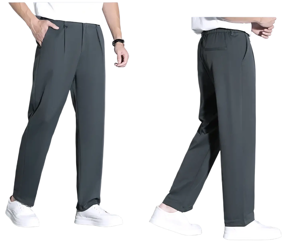 Dark gray slim-fit men’s trousers with relaxed tapered leg and elastic waistband for dress or casual wear
