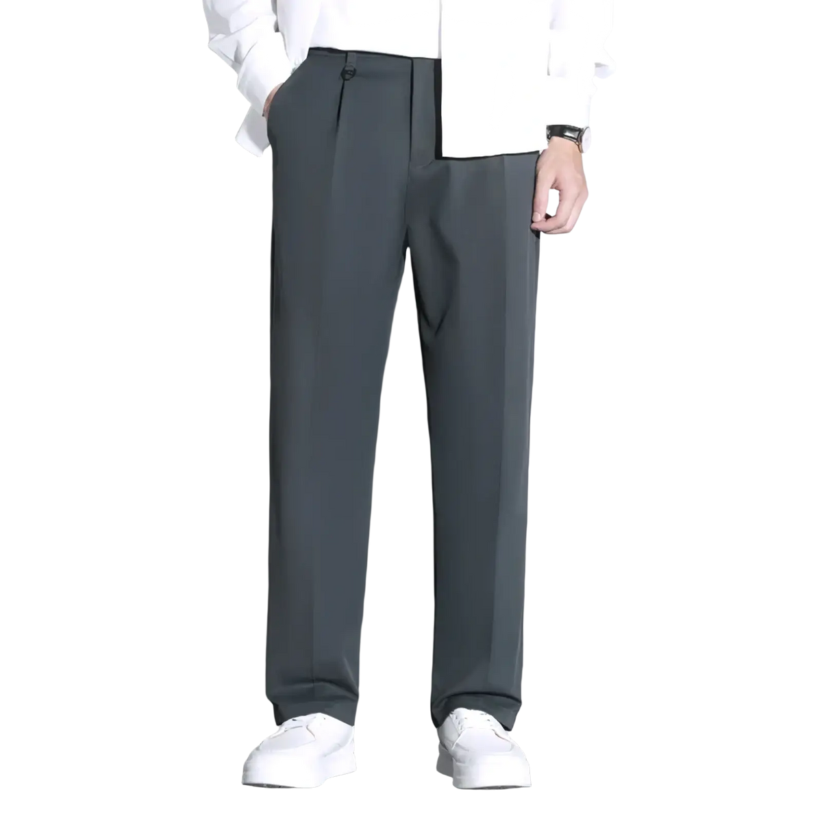 Dark gray slim-fit men’s dress trousers with subtle pleats and a modern design for formal wear