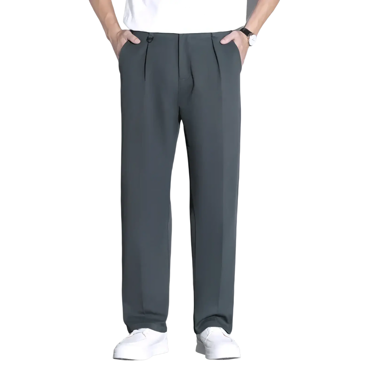 Men white suit pants slim fit dress trousers in dark gray pleated fabric with a sleek modern cut
