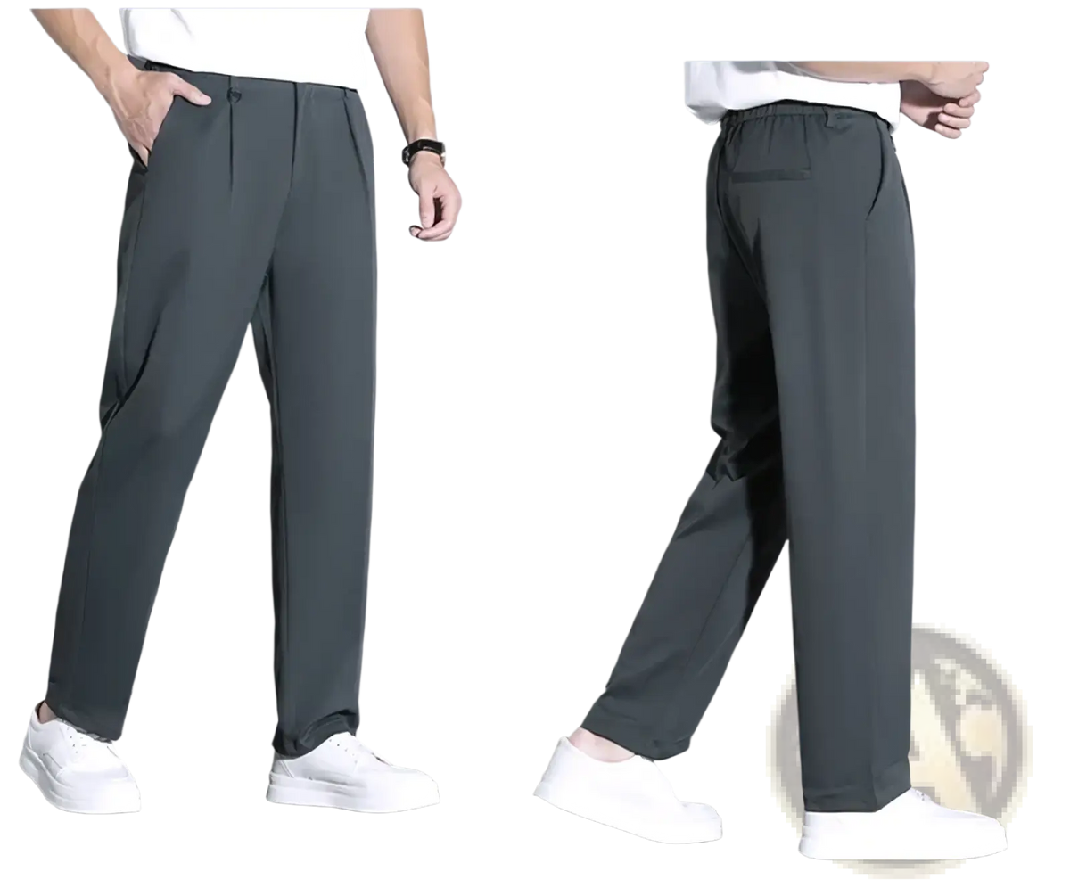 Dark gray slim-fit men’s trousers with relaxed tapered leg and elastic waistband for dress or casual wear