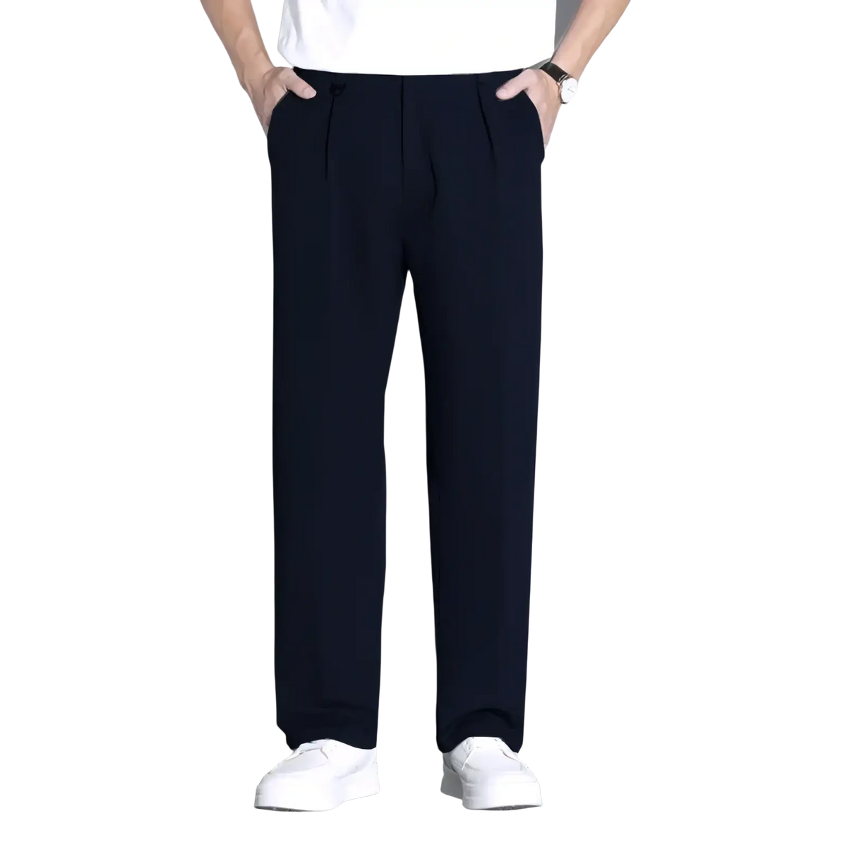 Dark navy pleated slim fit straight-leg trousers for men ideal as dress pants in formal settings