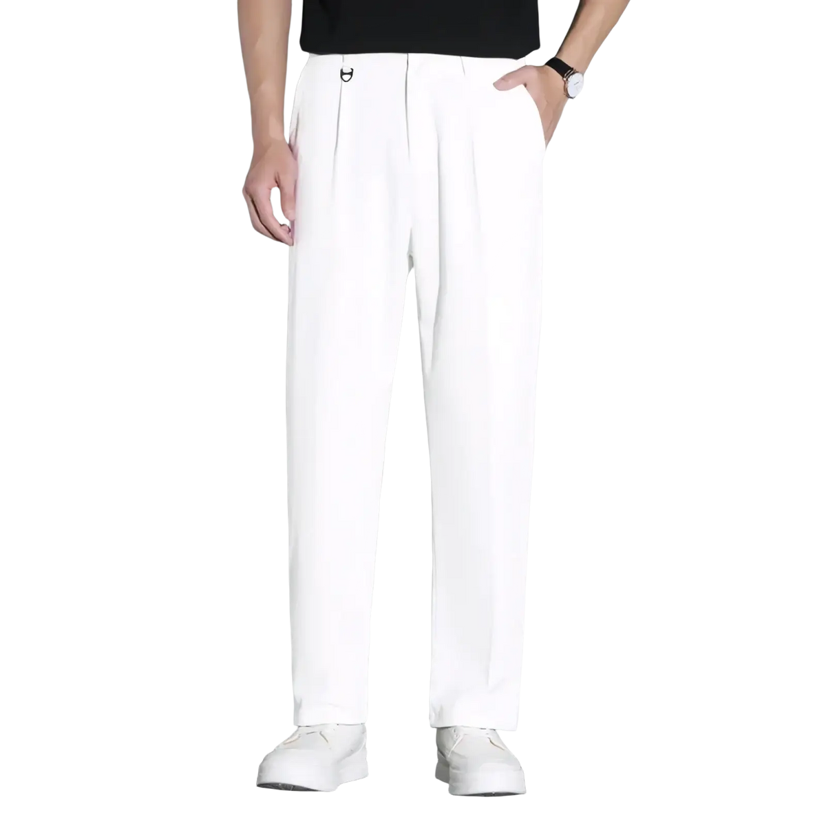 Men white suit pants slim fit dress trousers with pleated design and subtle stitching details in minimalist style