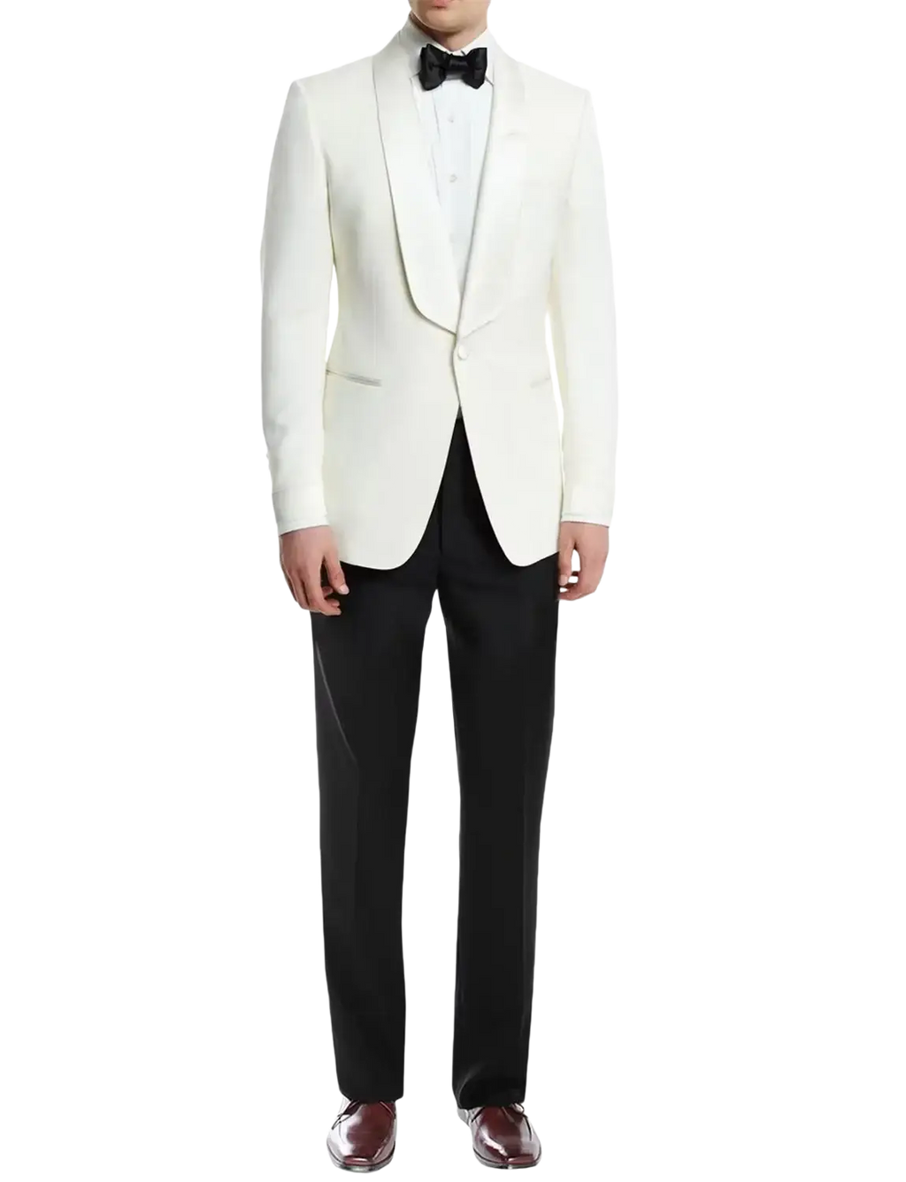 Men white tuxedo jacket custom made with satin shawl lapels and single-button closure type for formal wear