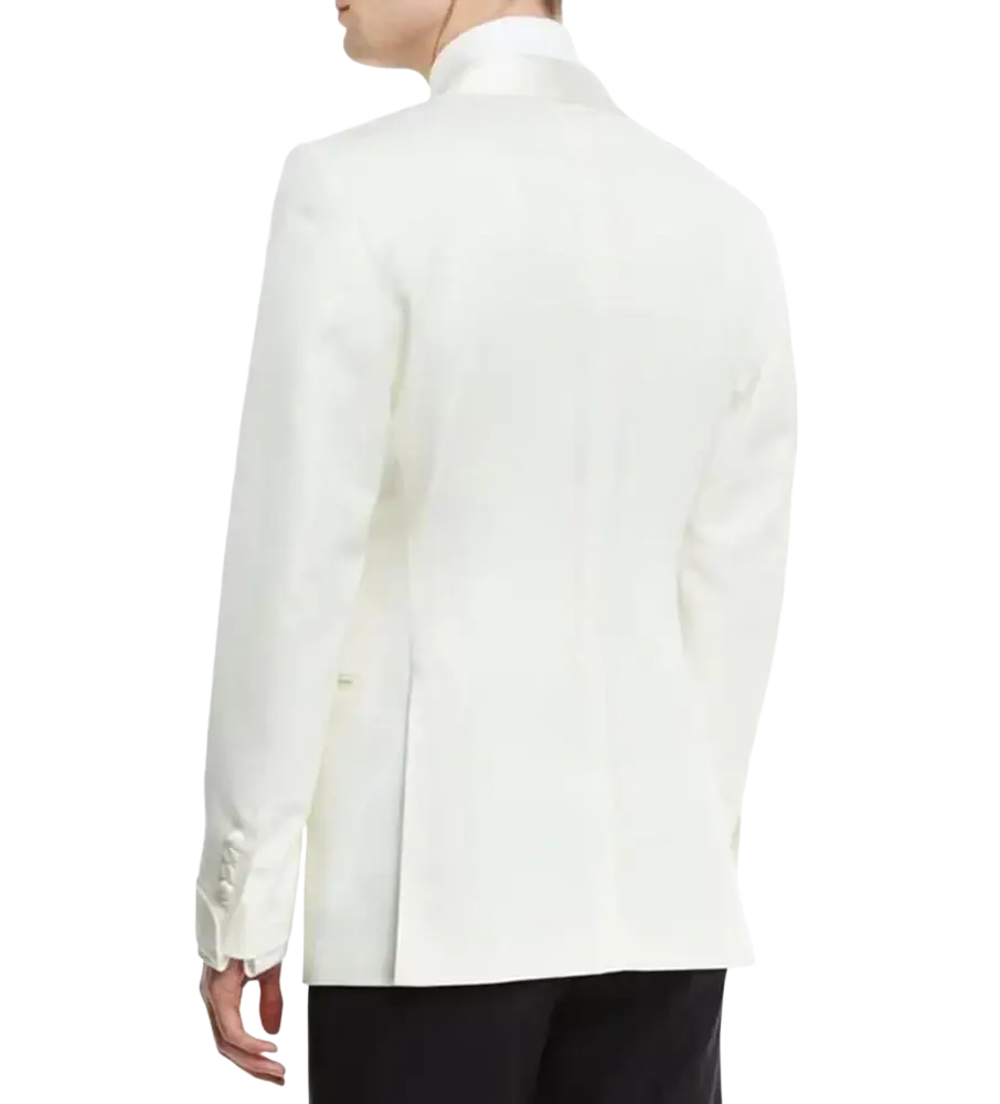 Men white tuxedo suit custom made with white satin peak lapel jacket featuring shawl lapel closure type