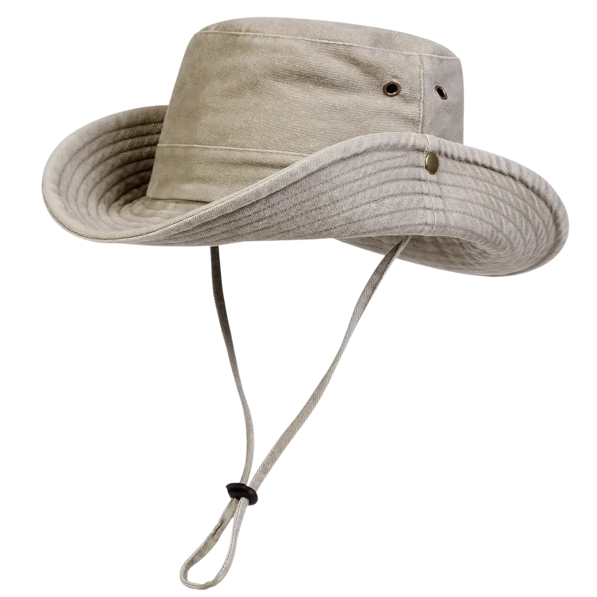 Beige canvas bucket hat with a wide quilted brim and adjustable chin strap for outdoor sun protection