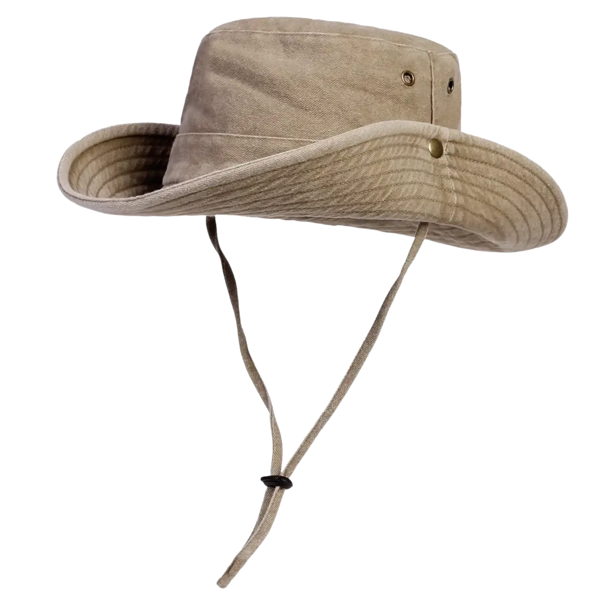 Beige canvas bucket hat for men with wide brim and adjustable chin strap for outdoor sun protection