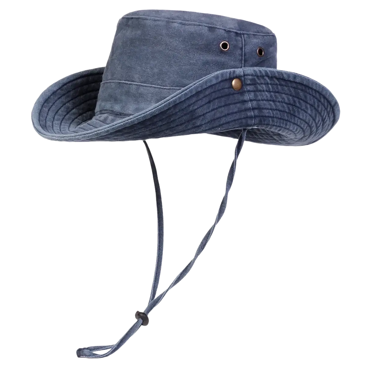 Blue denim wide brim canvas bucket hat with adjustable chin strap for men outdoor sun protection