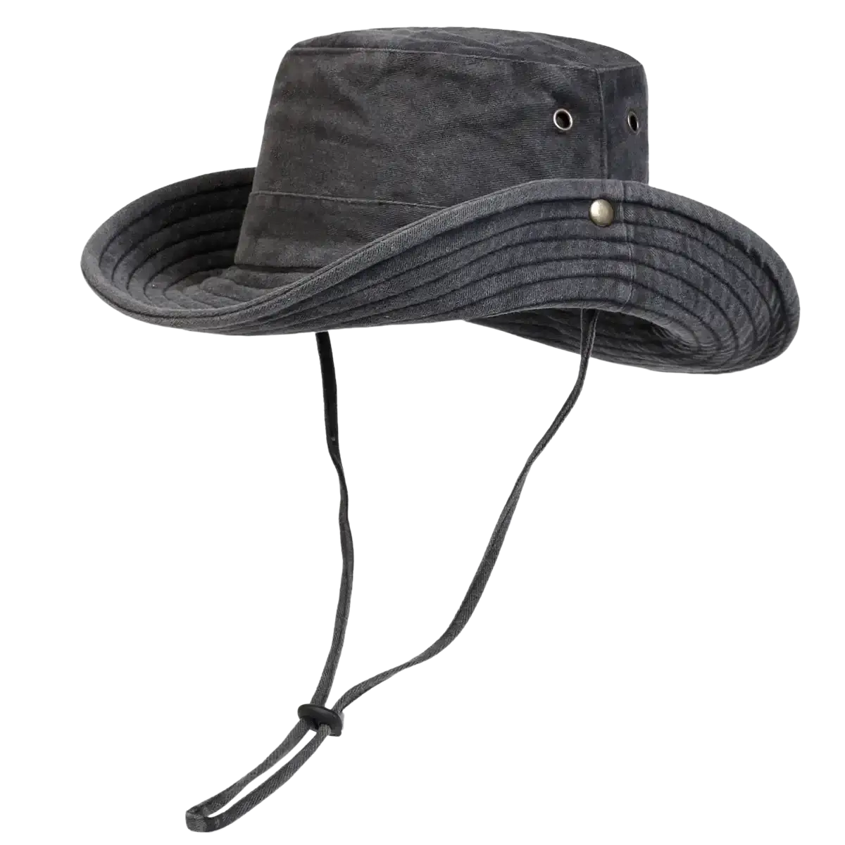 Dark gray textured canvas bucket hat with wide brim and adjustable chin strap for men sun protection outdoors