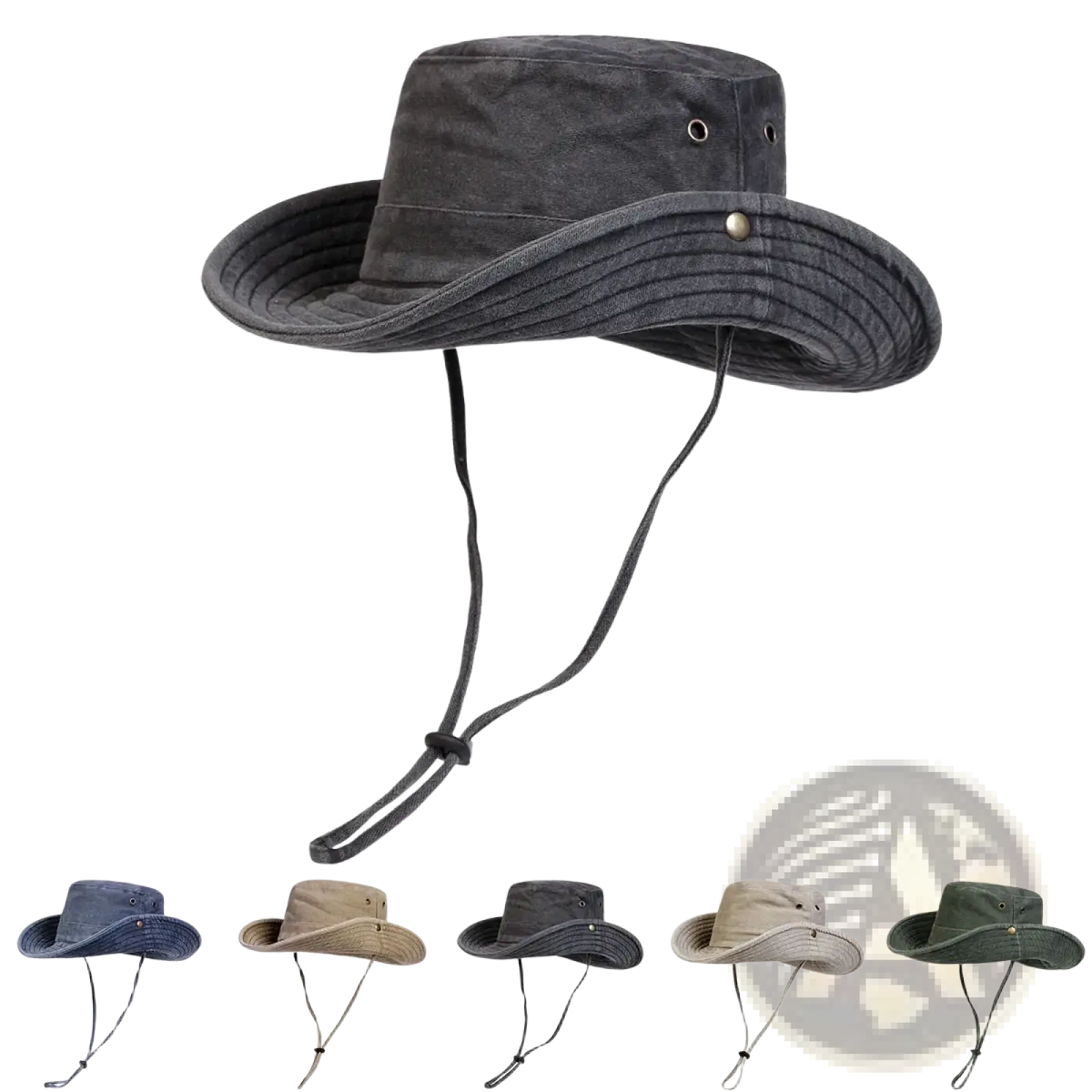 Dark gray textured canvas bucket hat with wide brim and adjustable chin strap for outdoor sun protection