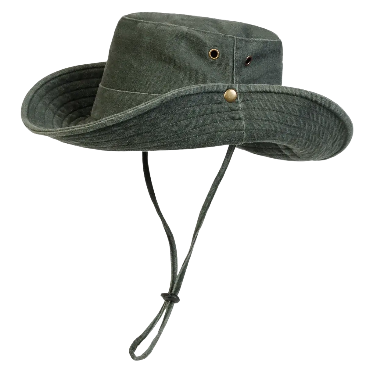 Men wide brim canvas bucket hat in dark olive green with adjustable chin strap for outdoor sun protection
