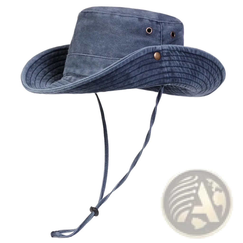 Blue denim wide brim canvas bucket hat with adjustable chin strap for men outdoor sun protection