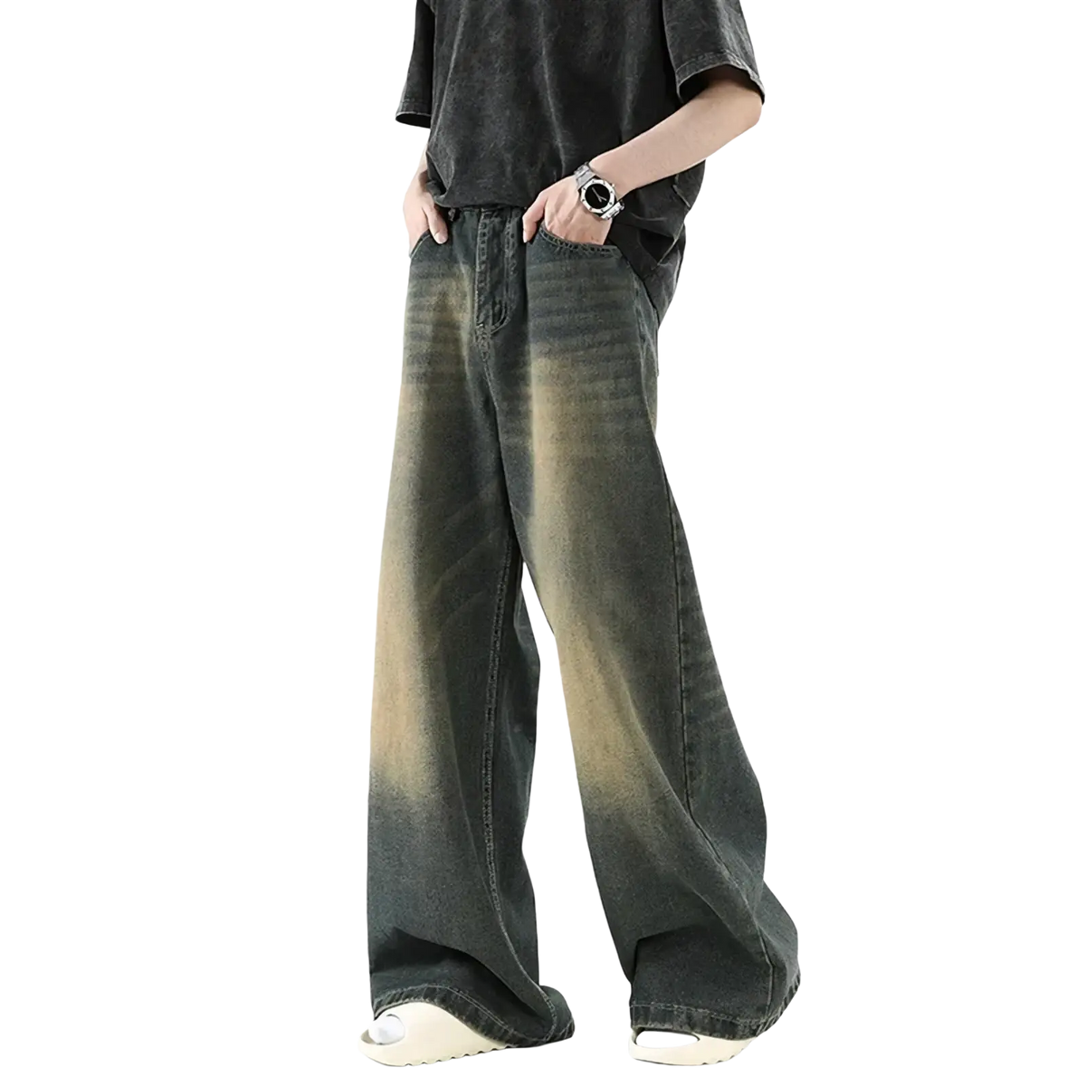 Men wide leg denim jeans feature loose casual trousers with faded dark gray to brown gradient wash and five pockets