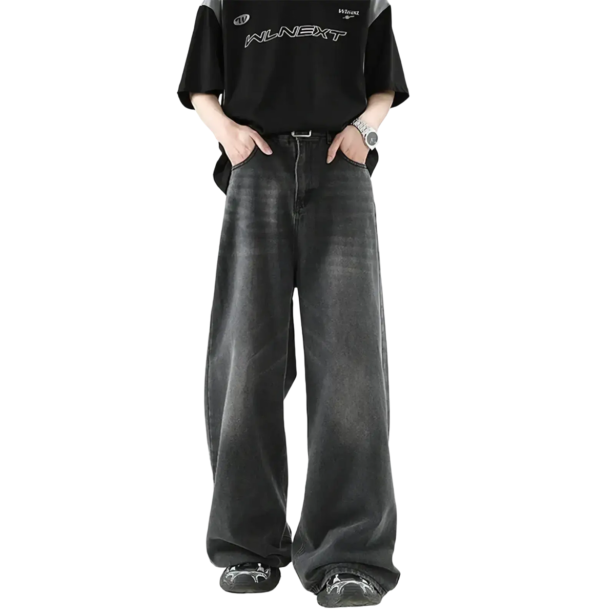 Men wide leg denim jeans in black with a faded distressed look and classic five-pocket design for casual wear