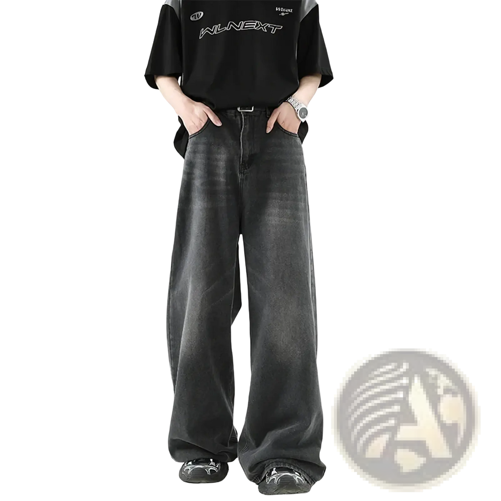 Men wide leg denim jeans in black with a faded distressed look and subtle horizontal stripes for casual wear