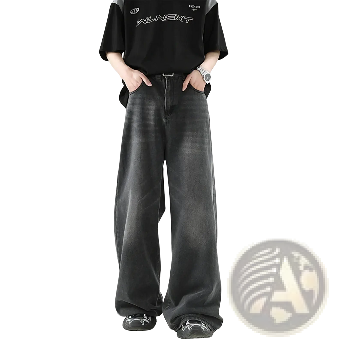 Men wide leg denim jeans in black with a faded distressed look and subtle horizontal stripes for casual wear