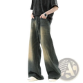 Men wide leg denim jeans feature loose casual trousers with faded dark gray to brown gradient wash and five pockets