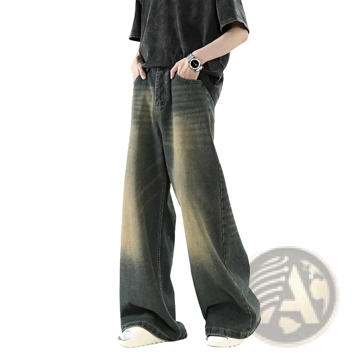Men wide leg denim jeans feature loose casual trousers with faded dark gray to brown gradient wash and five pockets